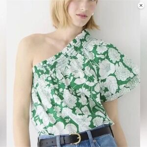 J.Crew One-Shoulder Top Green and White Floral Sz L Smocked Neckline